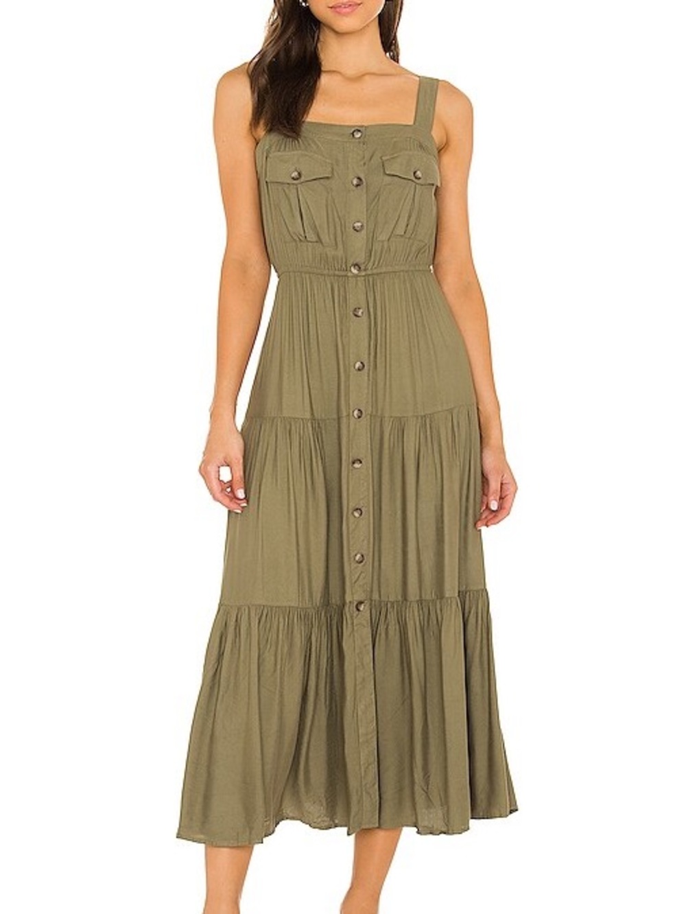 BB Dakota Olive Tiered Button-Front Midi Dress